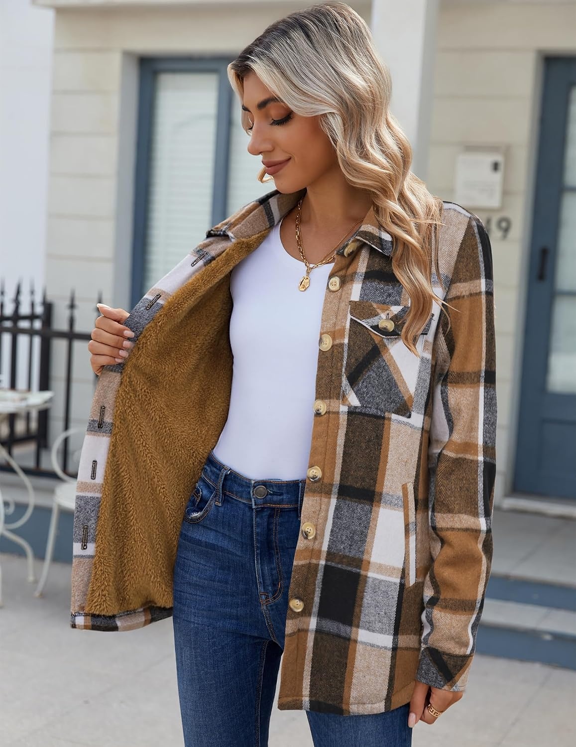 image:imageZeagoo Flannel Jacket for Women Sherpa Fleece Lined Winter Plaid CoatsBrown Black