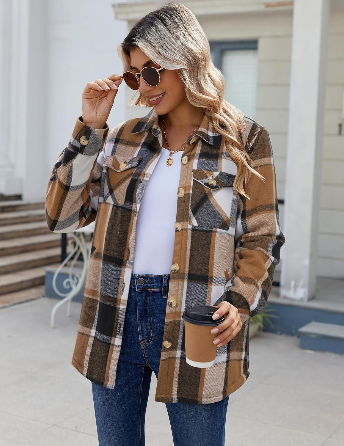 image:imageZeagoo Flannel Jacket for Women Sherpa Fleece Lined Winter Plaid CoatsBrown Black