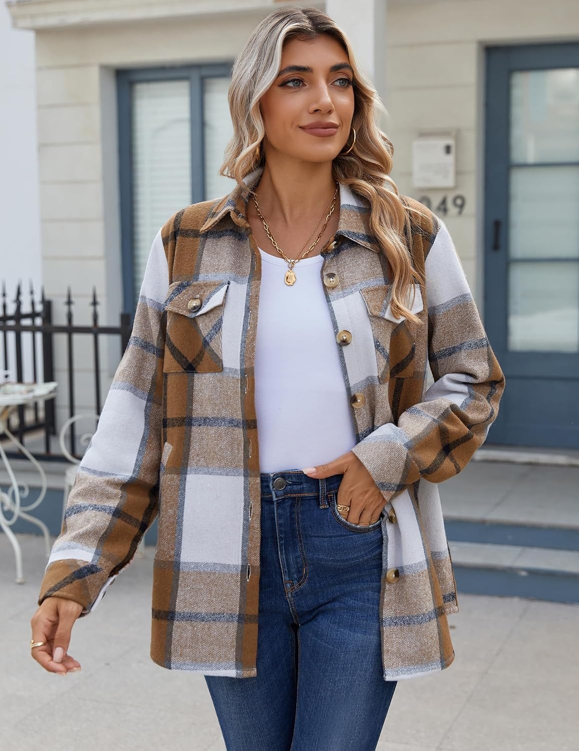 image:imageZeagoo Flannel Jacket for Women Sherpa Fleece Lined Winter Plaid CoatsBrown White