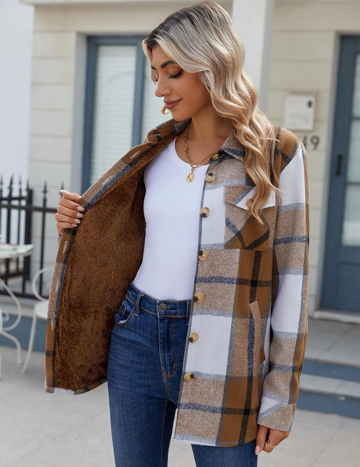 image:imageZeagoo Flannel Jacket for Women Sherpa Fleece Lined Winter Plaid CoatsBrown White