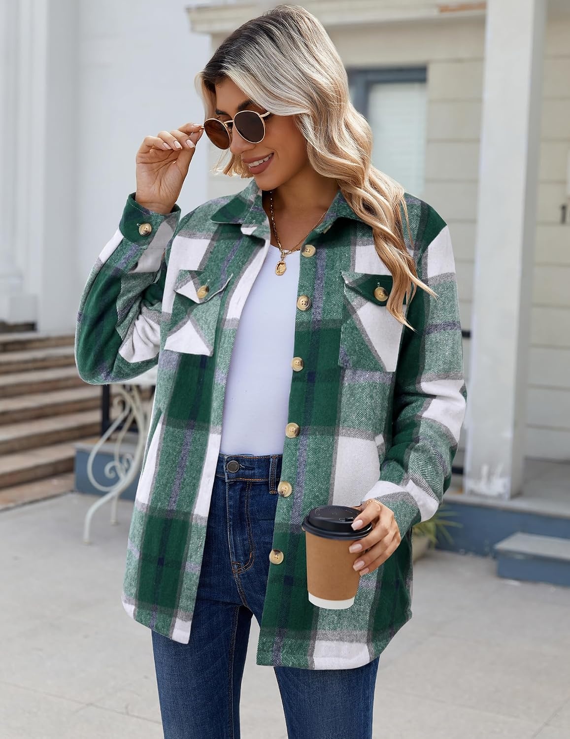 image:imageZeagoo Flannel Jacket for Women Sherpa Fleece Lined Winter Plaid CoatsGreen