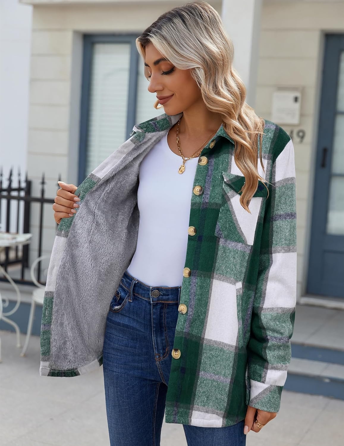 image:imageZeagoo Flannel Jacket for Women Sherpa Fleece Lined Winter Plaid CoatsGreen
