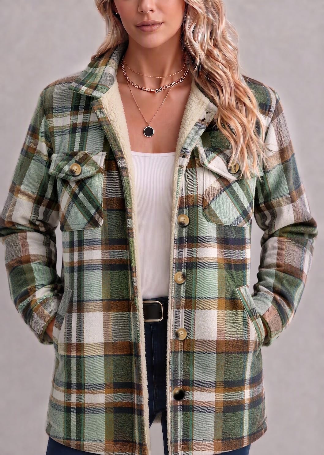 image:imageZeagoo Flannel Jacket for Women Sherpa Fleece Lined Winter Plaid CoatsGreen Brown