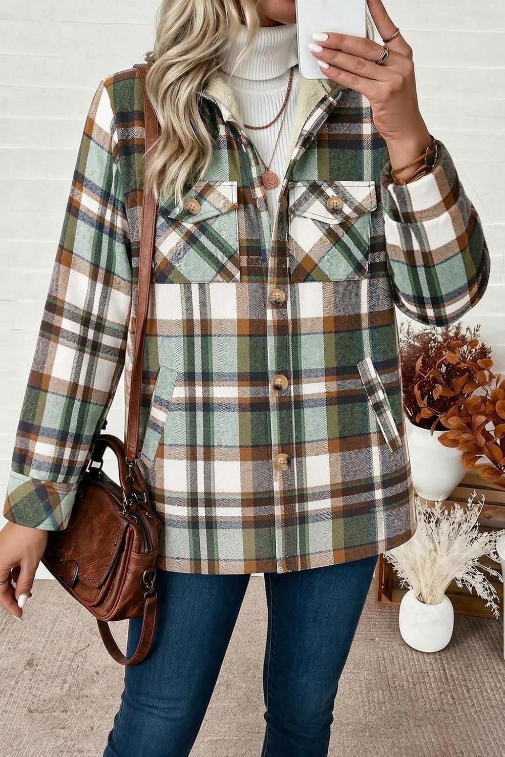 image:imageZeagoo Flannel Jacket for Women Sherpa Fleece Lined Winter Plaid CoatsGreen Brown