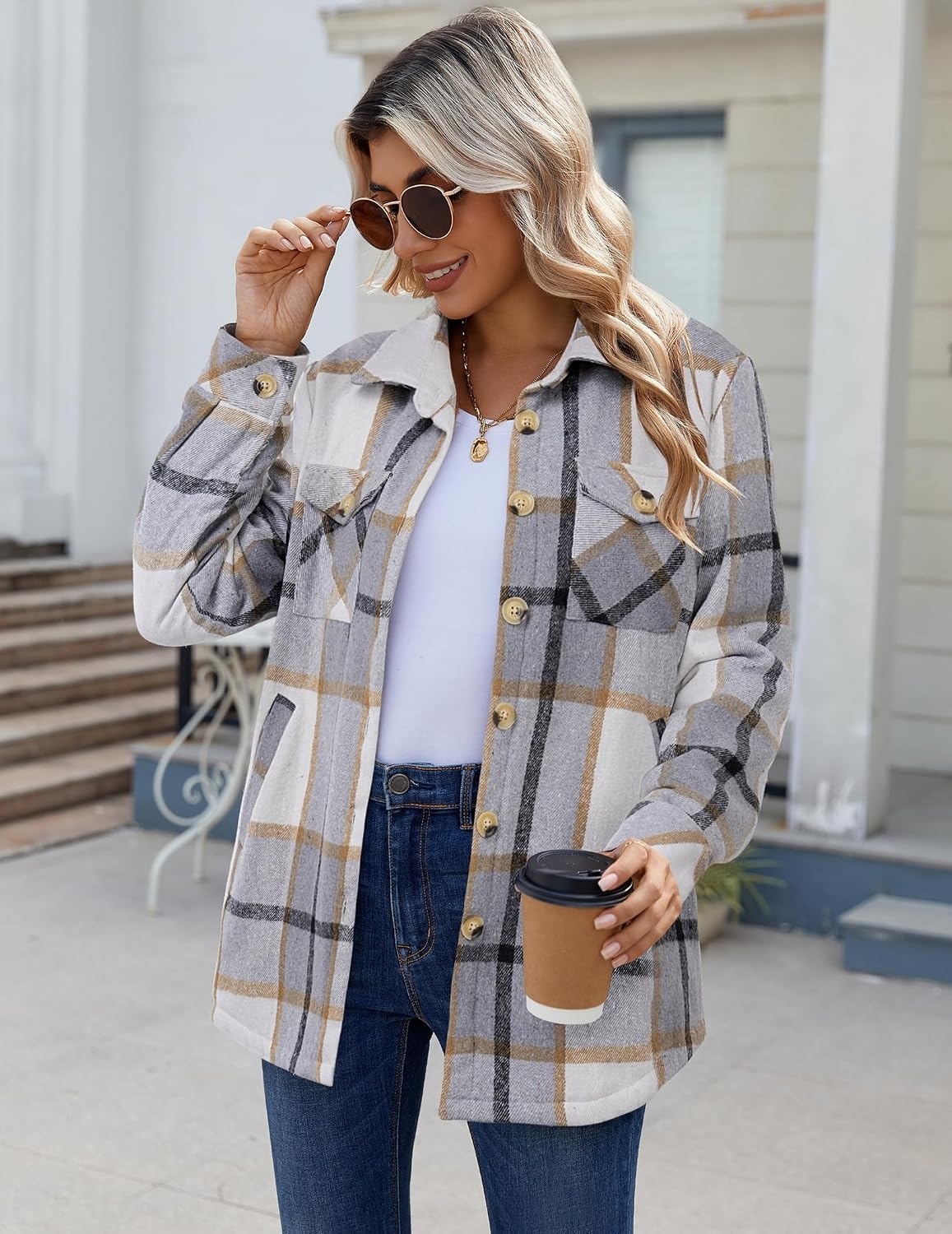 image:imageZeagoo Flannel Jacket for Women Sherpa Fleece Lined Winter Plaid CoatsGrey