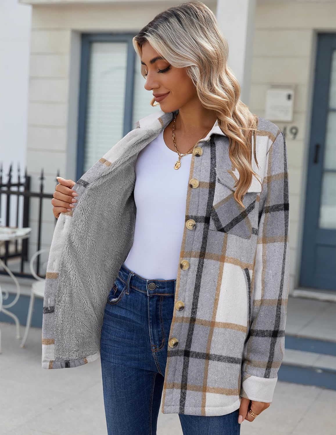 image:imageZeagoo Flannel Jacket for Women Sherpa Fleece Lined Winter Plaid CoatsGrey