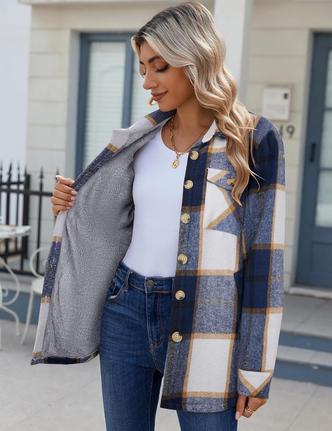 image:imageZeagoo Flannel Jacket for Women Sherpa Fleece Lined Winter Plaid CoatsNavy
