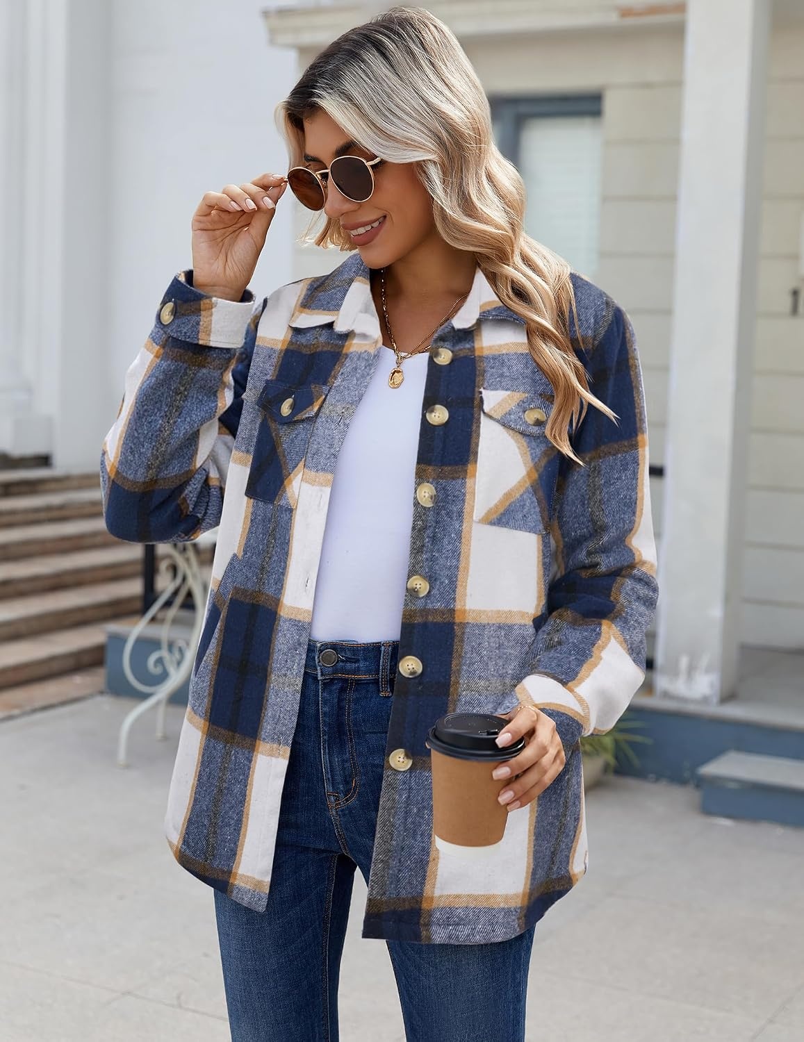 image:imageZeagoo Flannel Jacket for Women Sherpa Fleece Lined Winter Plaid CoatsNavy