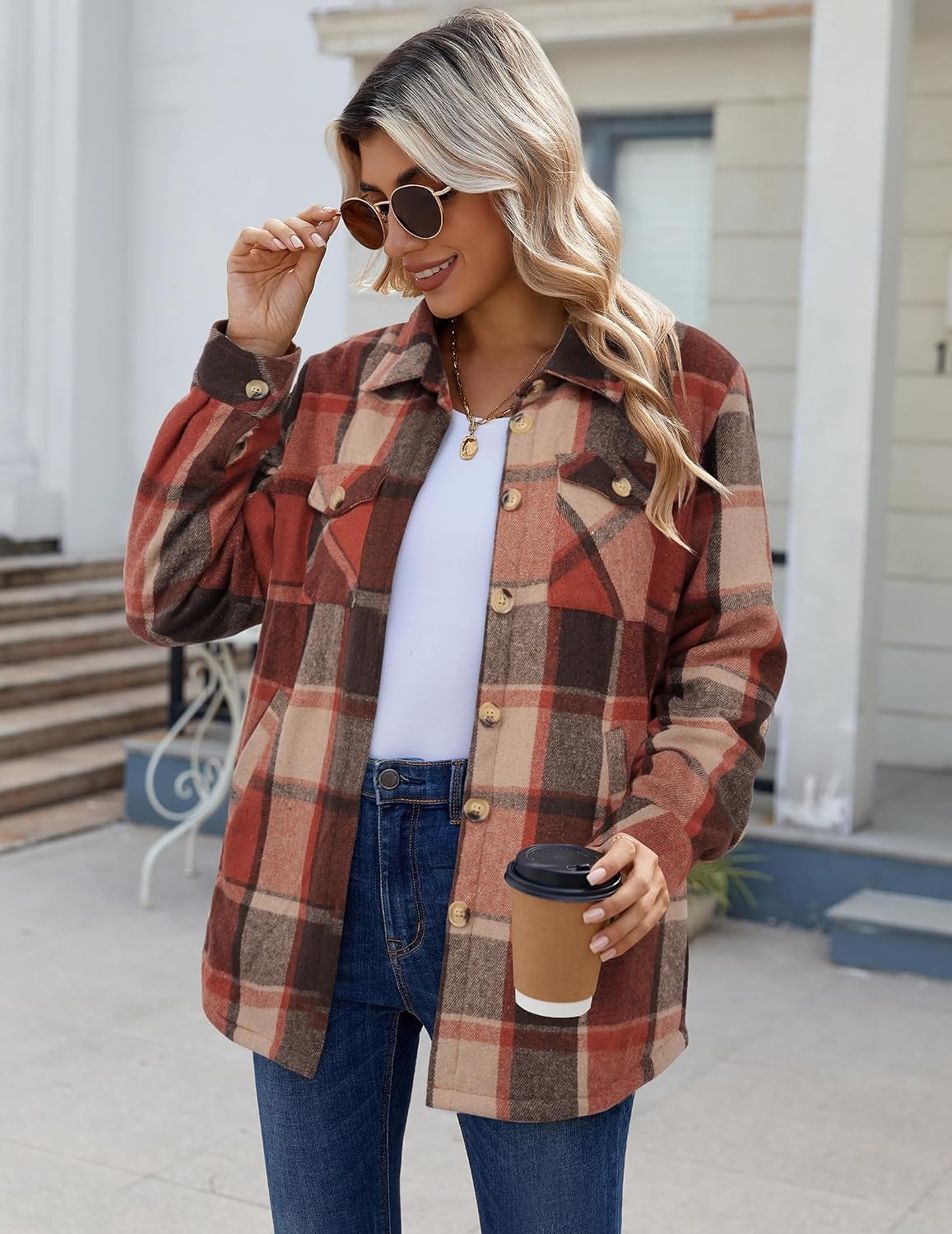 image:imageZeagoo Flannel Jacket for Women Sherpa Fleece Lined Winter Plaid CoatsOrange