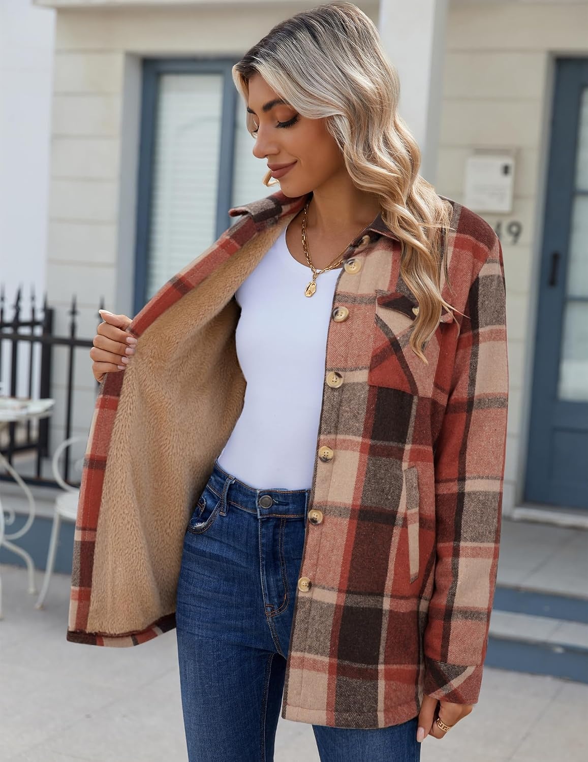 image:imageZeagoo Flannel Jacket for Women Sherpa Fleece Lined Winter Plaid CoatsOrange
