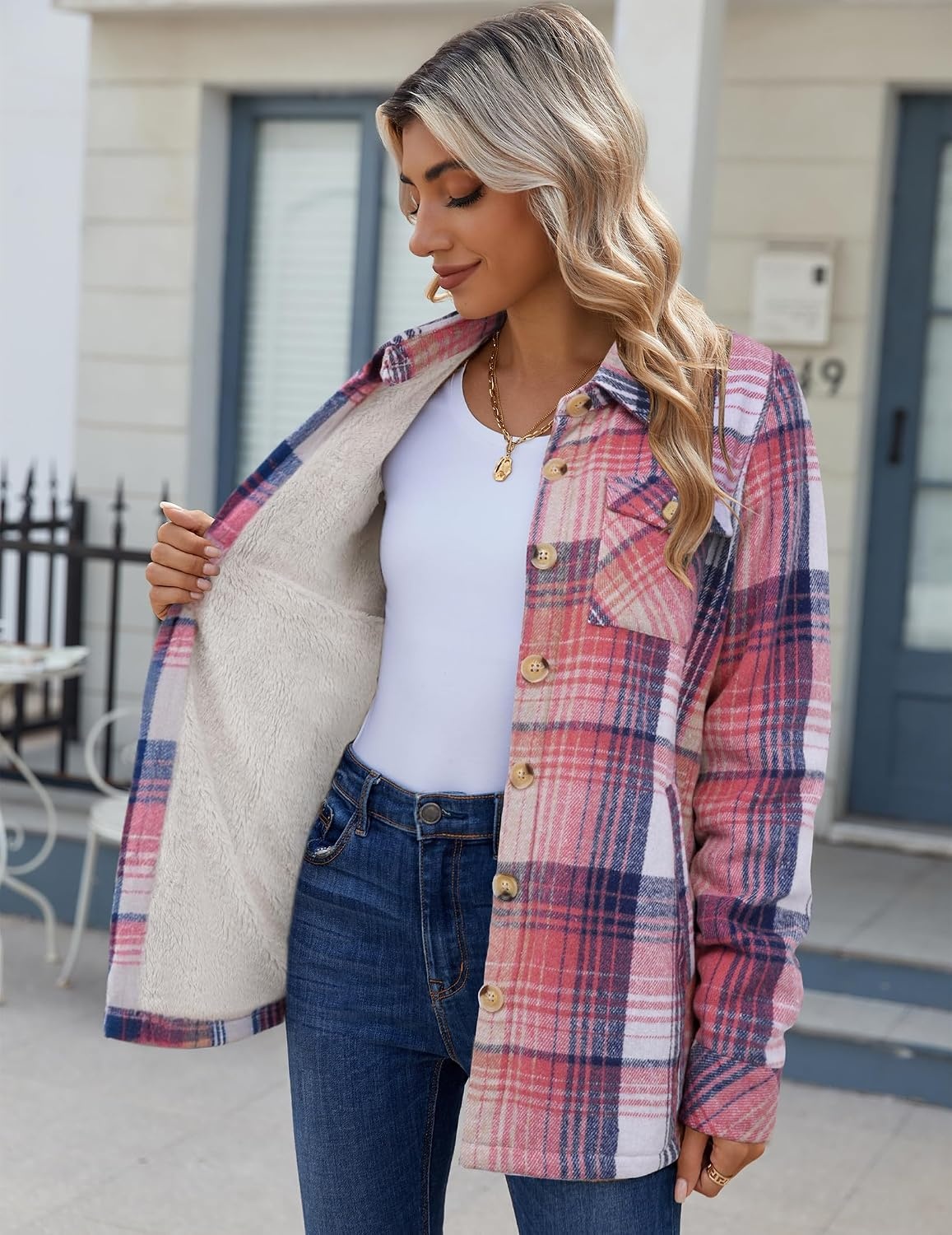 image:imageZeagoo Flannel Jacket for Women Sherpa Fleece Lined Winter Plaid CoatsPink