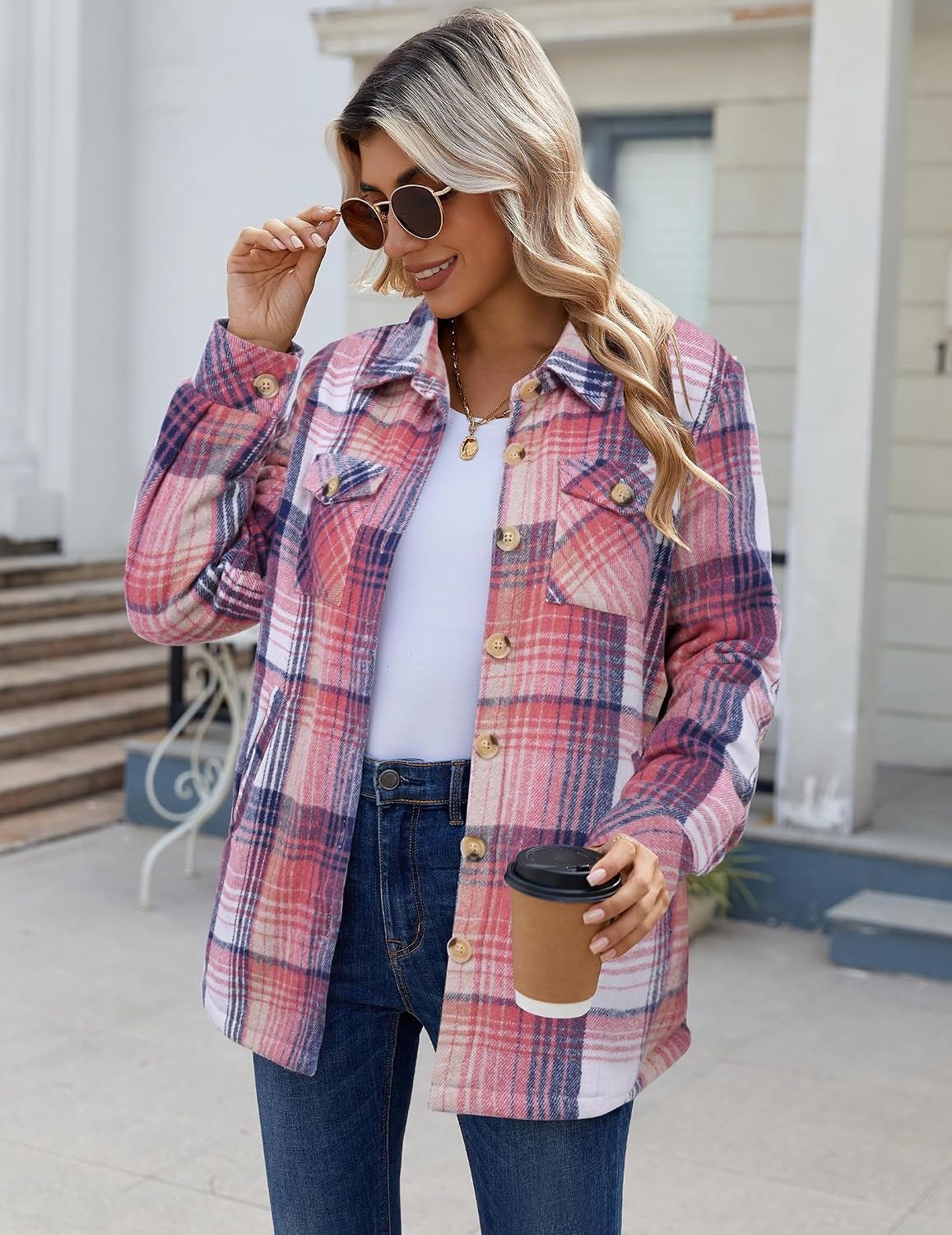 image:imageZeagoo Flannel Jacket for Women Sherpa Fleece Lined Winter Plaid CoatsPink