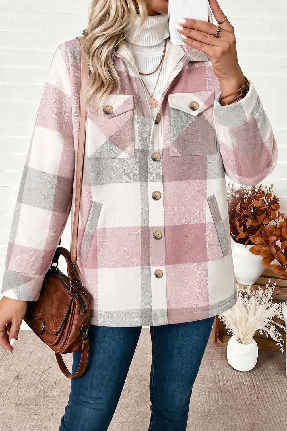 image:imageZeagoo Flannel Jacket for Women Sherpa Fleece Lined Winter Plaid CoatsPink Gray
