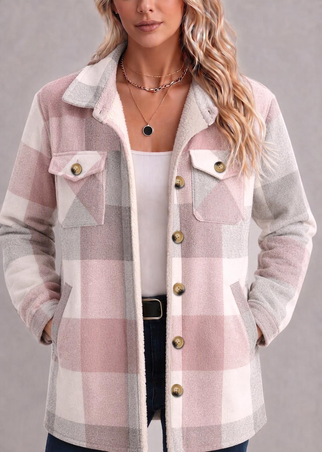 image:imageZeagoo Flannel Jacket for Women Sherpa Fleece Lined Winter Plaid CoatsPink Gray
