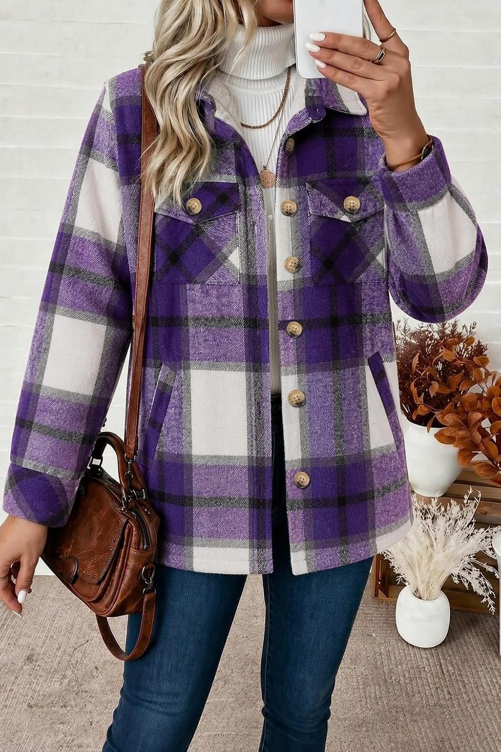image:imageZeagoo Flannel Jacket for Women Sherpa Fleece Lined Winter Plaid CoatsPurple