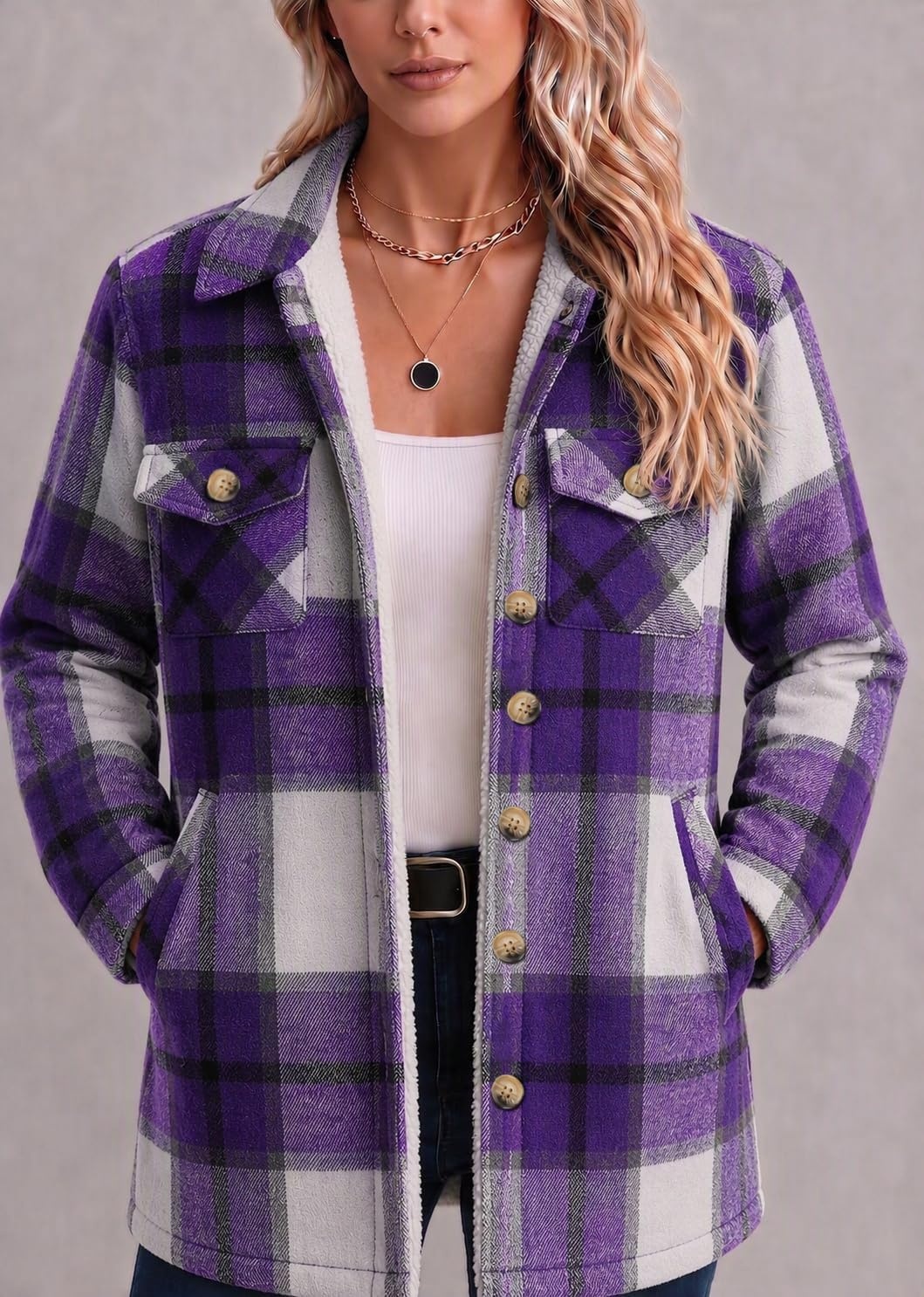 image:imageZeagoo Flannel Jacket for Women Sherpa Fleece Lined Winter Plaid CoatsPurple