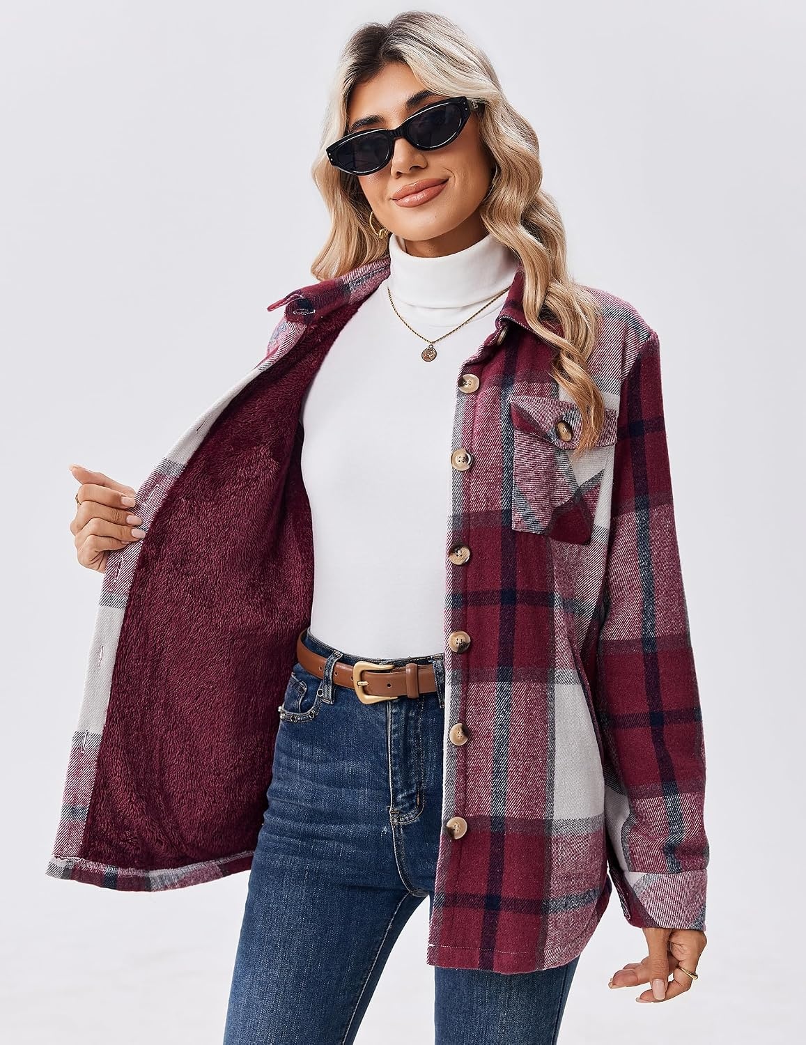 image:imageZeagoo Flannel Jacket for Women Sherpa Fleece Lined Winter Plaid CoatsWine Red