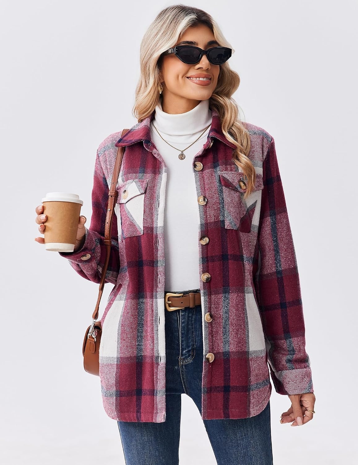 image:imageZeagoo Flannel Jacket for Women Sherpa Fleece Lined Winter Plaid CoatsWine Red