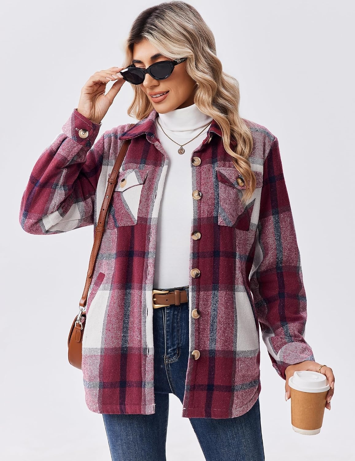 image:imageZeagoo Flannel Jacket for Women Sherpa Fleece Lined Winter Plaid CoatsWine Red