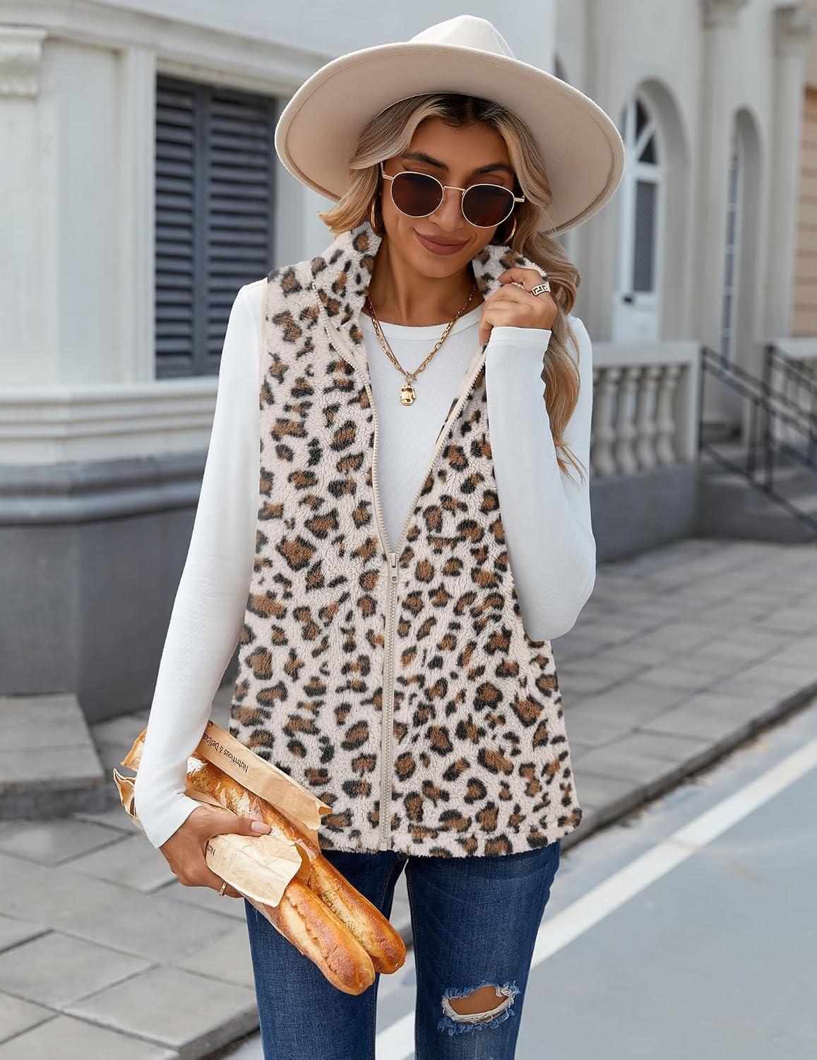 image:imageZeagoo Vest For Women Sleeveless Sherpa Fleece Jackets Zip Up Fall CoatsAleopard