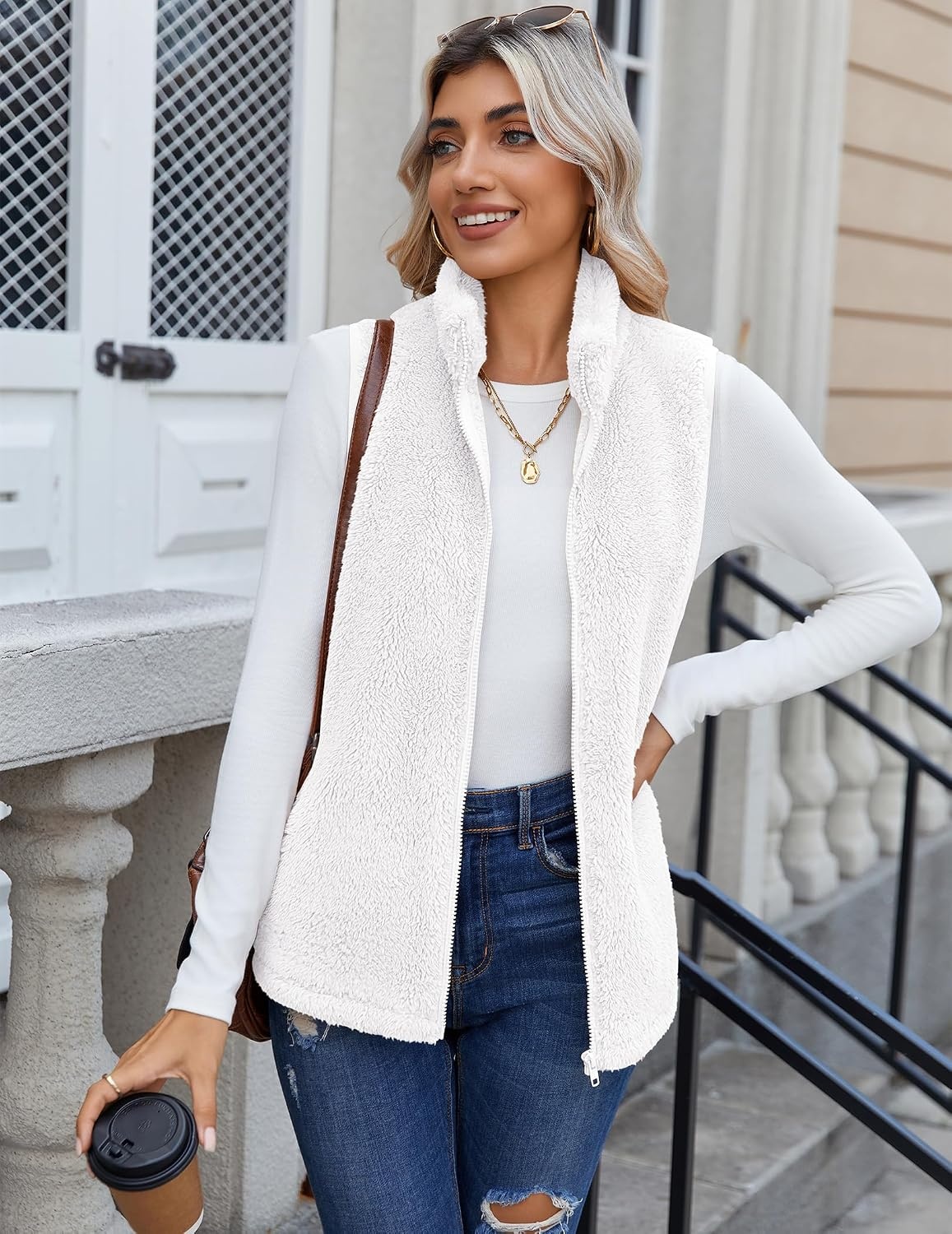 image:imageZeagoo Vest For Women Sleeveless Sherpa Fleece Jackets Zip Up Fall CoatsAwhite