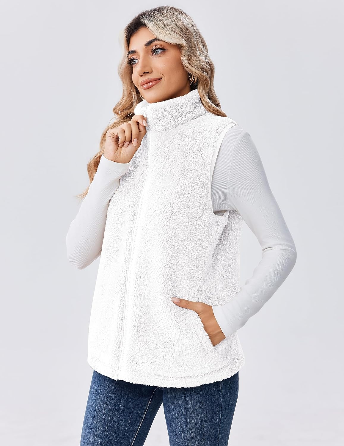 image:imageZeagoo Vest For Women Sleeveless Sherpa Fleece Jackets Zip Up Fall CoatsAwhite