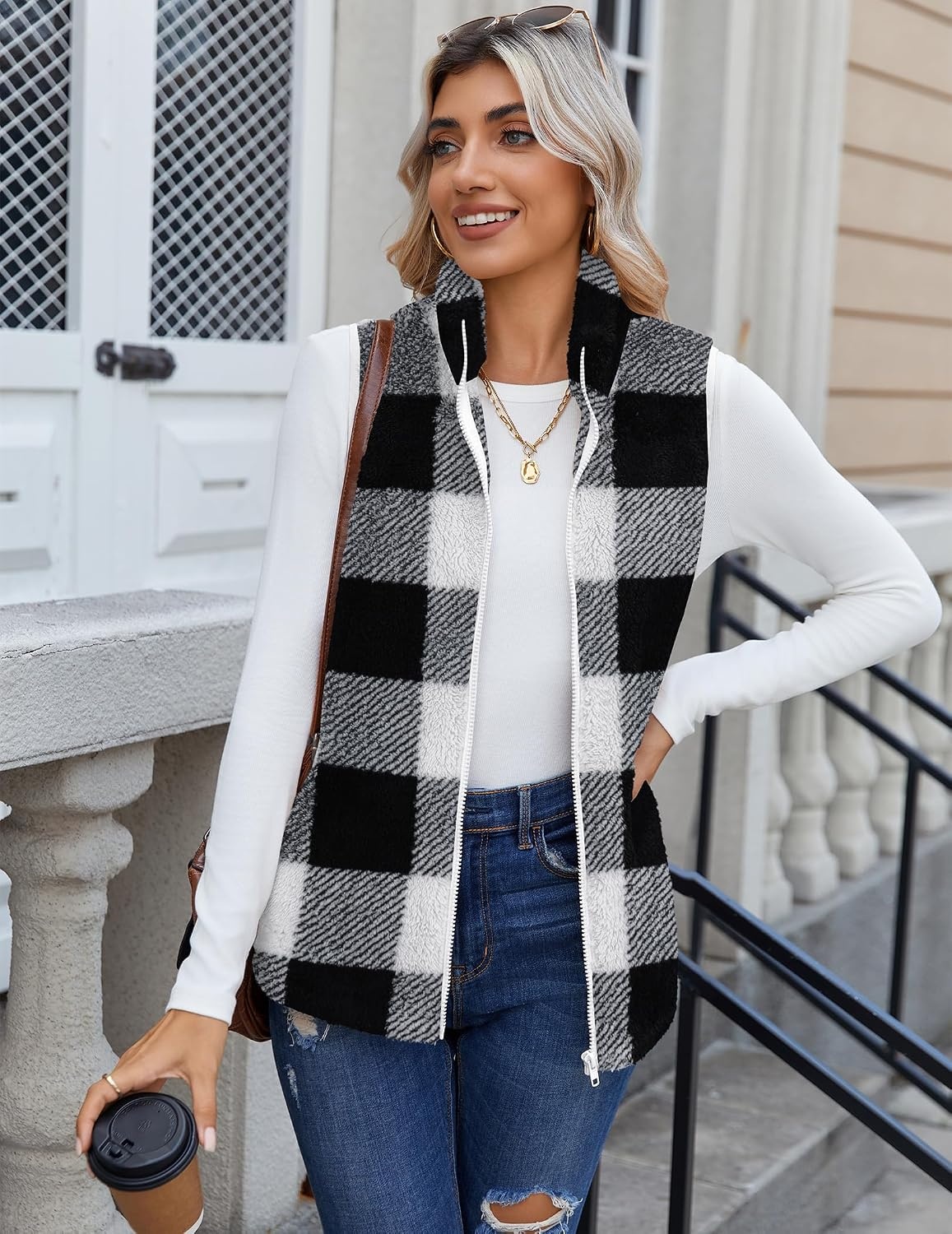 image:imageZeagoo Vest For Women Sleeveless Sherpa Fleece Jackets Zip Up Fall CoatsBlack White Plaid
