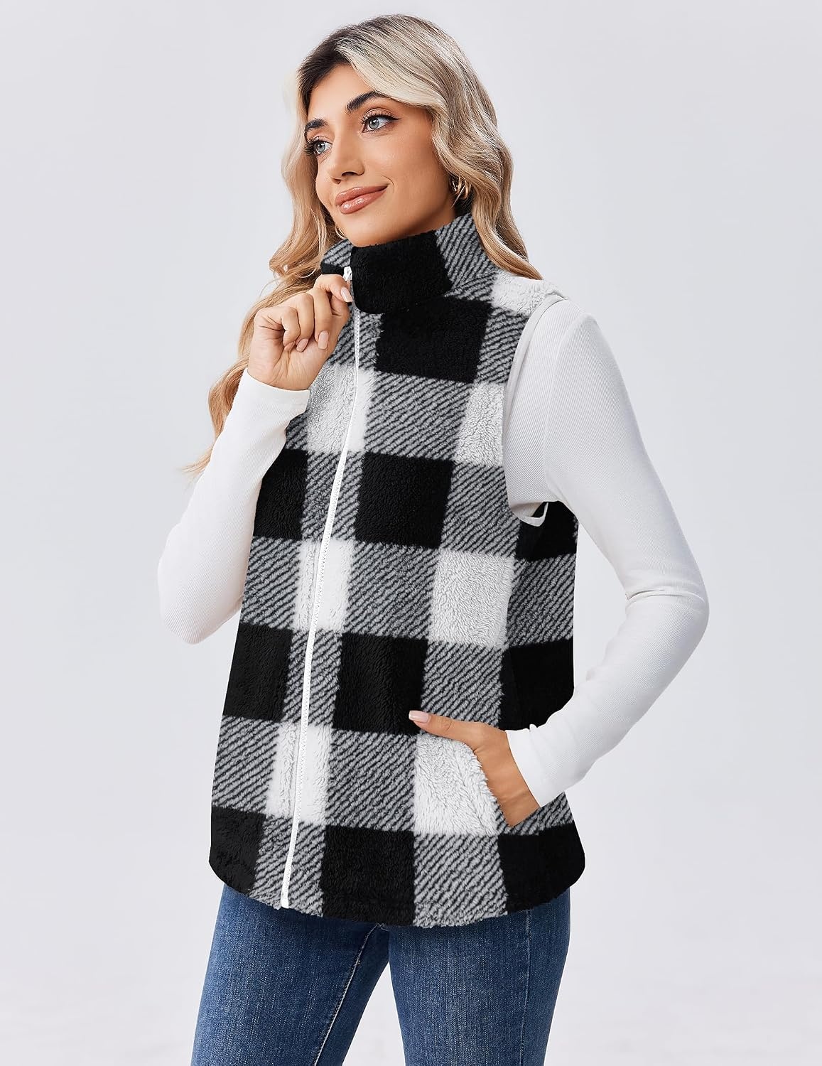 image:imageZeagoo Vest For Women Sleeveless Sherpa Fleece Jackets Zip Up Fall CoatsBlack White Plaid