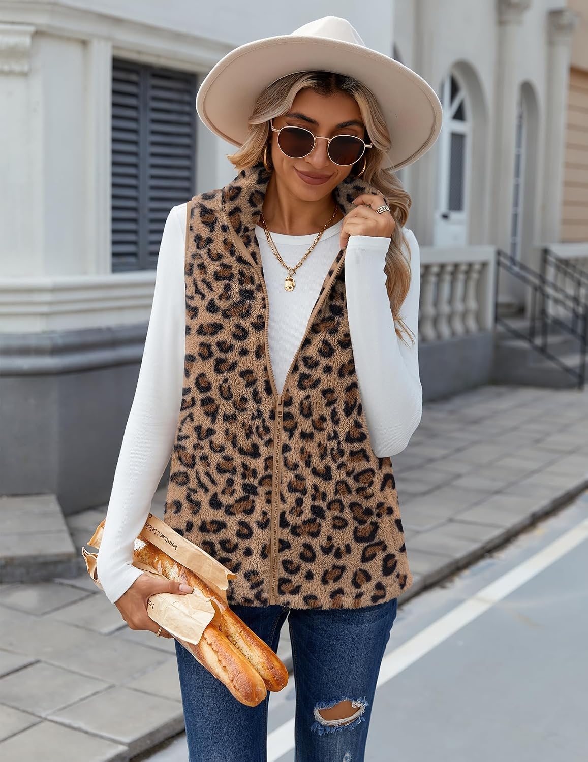 image:imageZeagoo Vest For Women Sleeveless Sherpa Fleece Jackets Zip Up Fall CoatsBrown Leopard