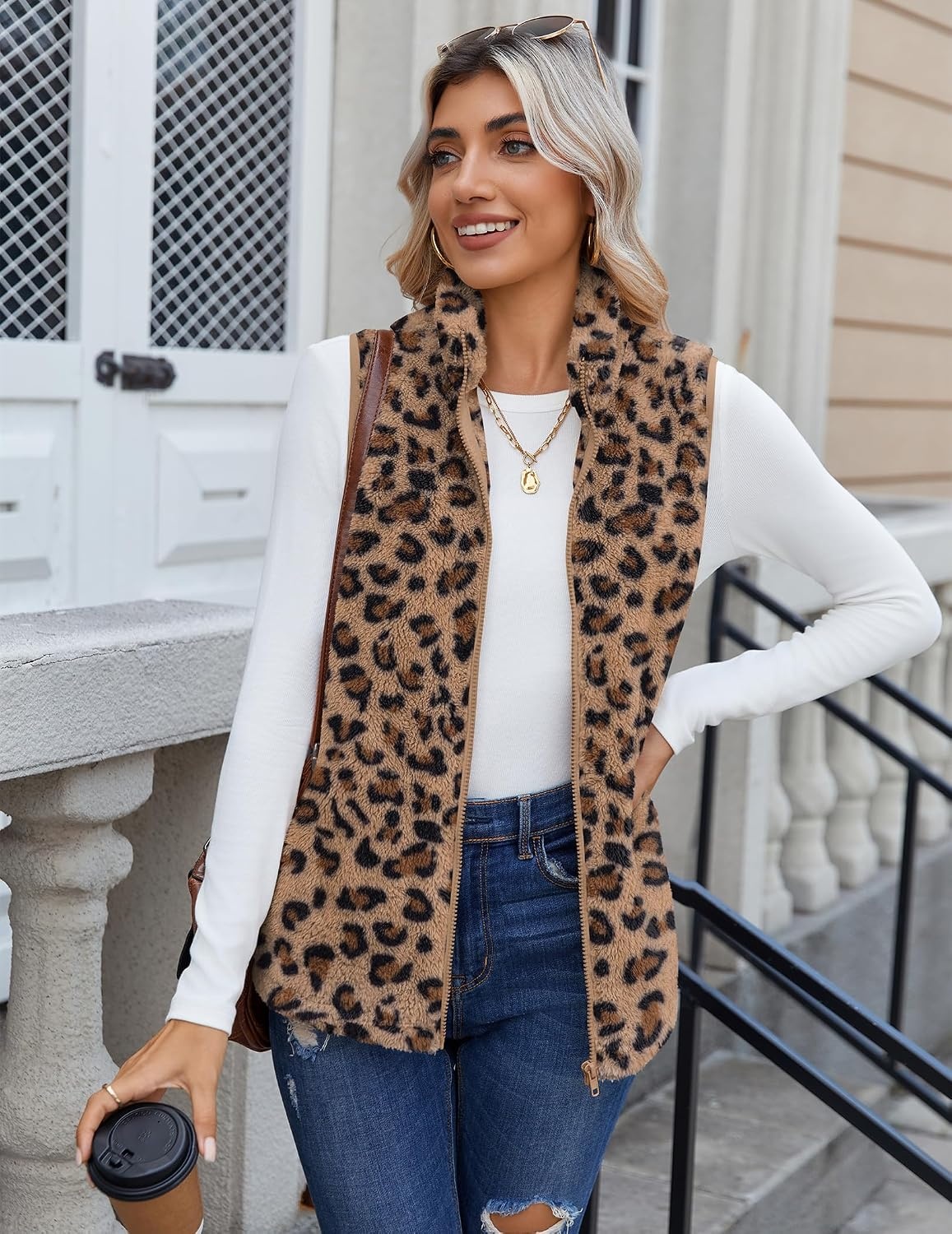 image:imageZeagoo Vest For Women Sleeveless Sherpa Fleece Jackets Zip Up Fall CoatsBrown Leopard
