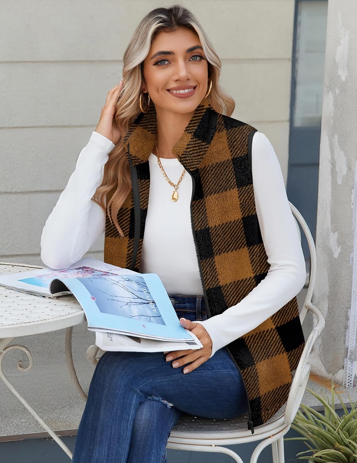 image:imageZeagoo Vest For Women Sleeveless Sherpa Fleece Jackets Zip Up Fall CoatsBrown Plaid