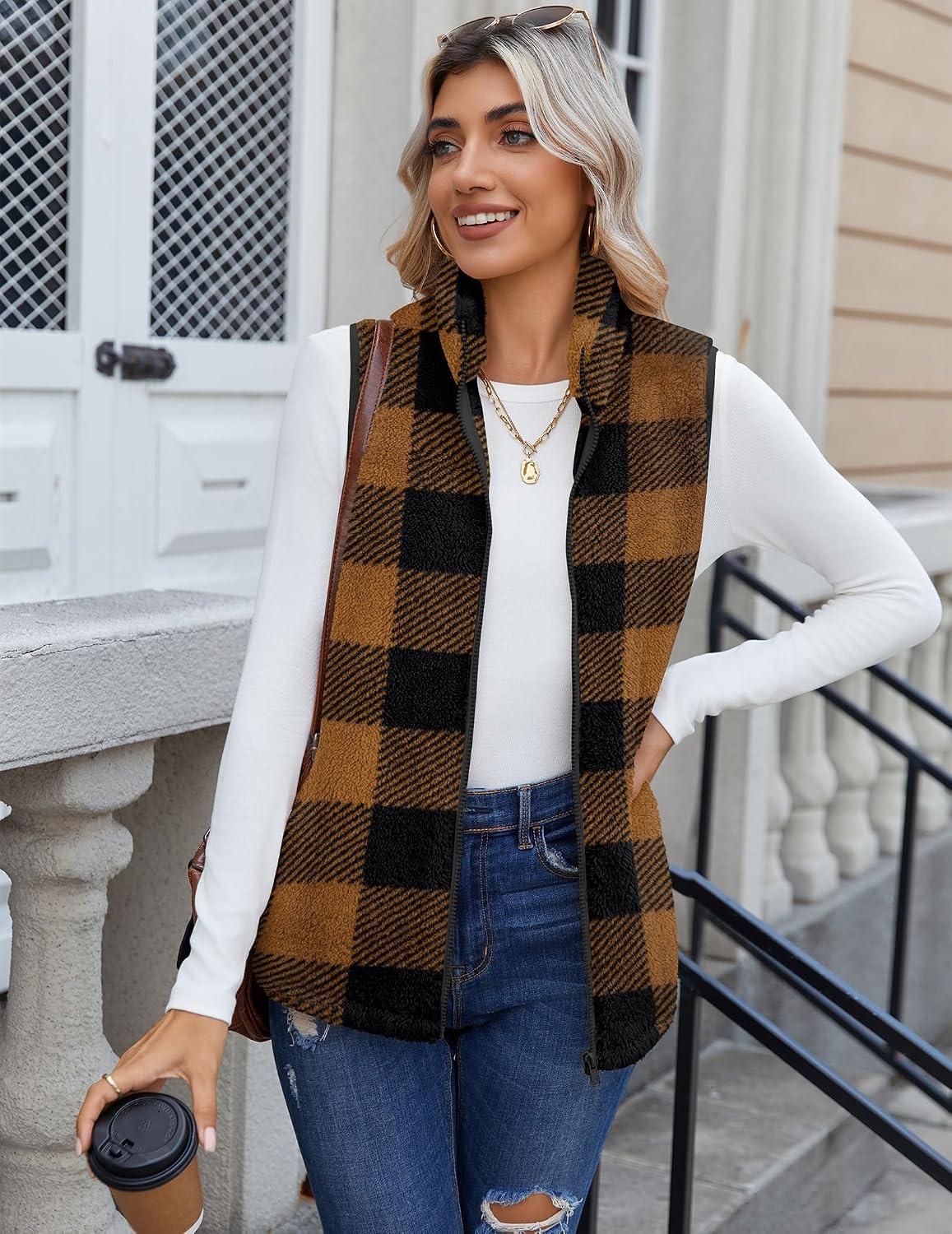 image:imageZeagoo Vest For Women Sleeveless Sherpa Fleece Jackets Zip Up Fall CoatsBrown Plaid