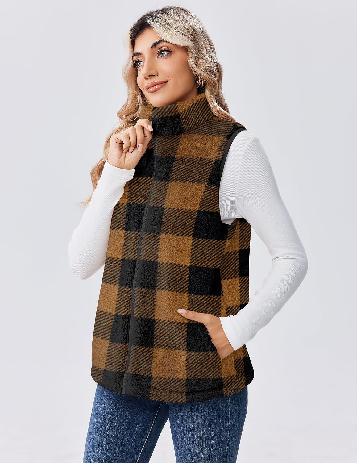 image:imageZeagoo Vest For Women Sleeveless Sherpa Fleece Jackets Zip Up Fall CoatsBrown Plaid