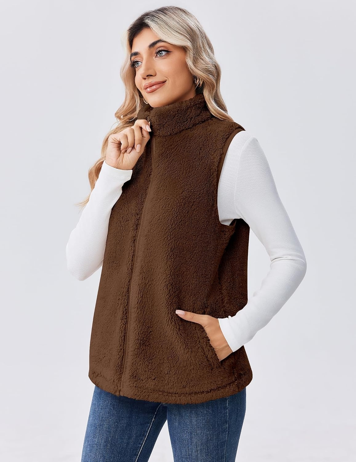 image:imageZeagoo Vest For Women Sleeveless Sherpa Fleece Jackets Zip Up Fall CoatsCoffee