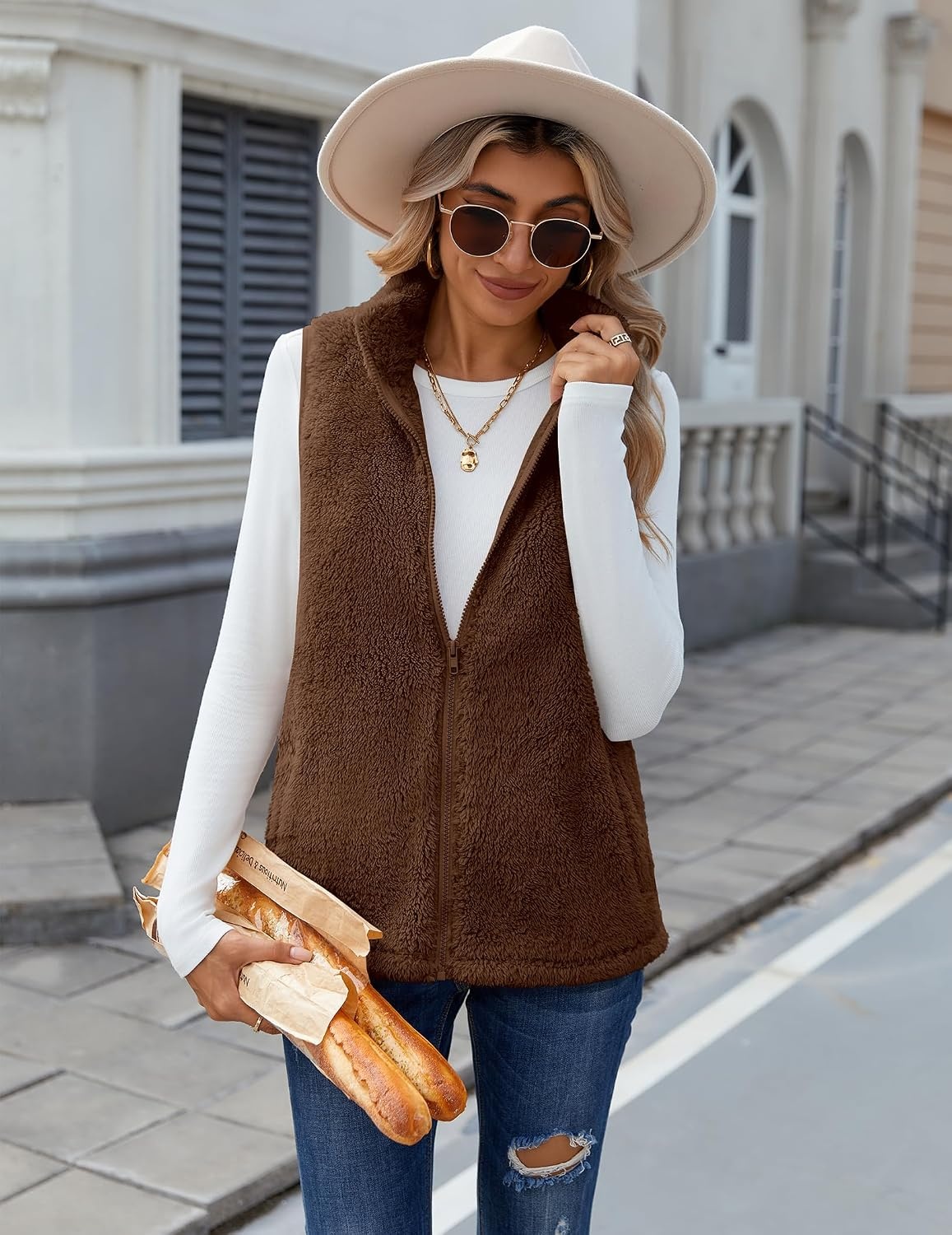 image:imageZeagoo Vest For Women Sleeveless Sherpa Fleece Jackets Zip Up Fall CoatsCoffee