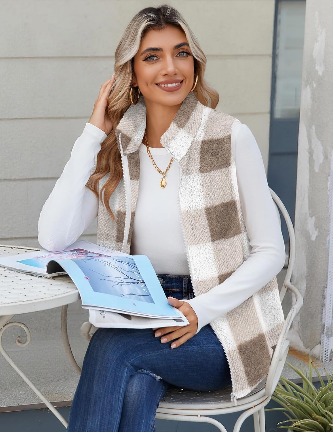 image:imageZeagoo Vest For Women Sleeveless Sherpa Fleece Jackets Zip Up Fall CoatsKhaki White Plaid