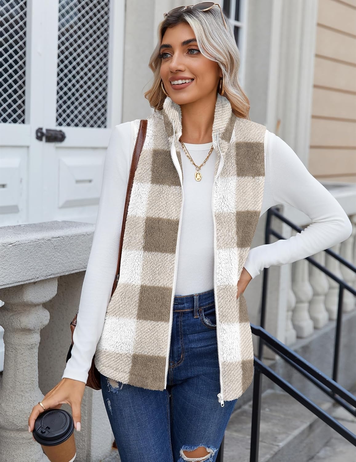 image:imageZeagoo Vest For Women Sleeveless Sherpa Fleece Jackets Zip Up Fall CoatsKhaki White Plaid
