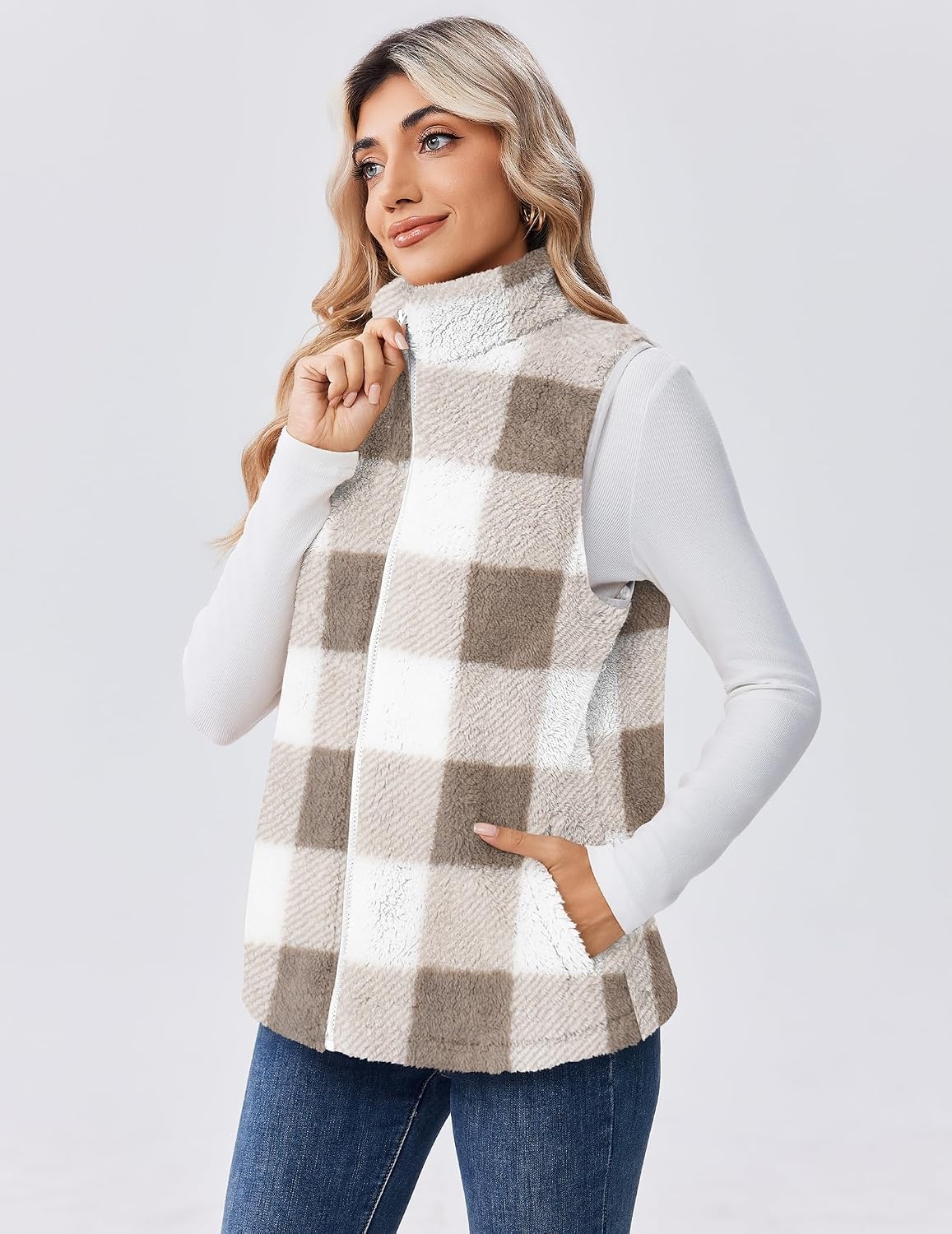 image:imageZeagoo Vest For Women Sleeveless Sherpa Fleece Jackets Zip Up Fall CoatsKhaki White Plaid