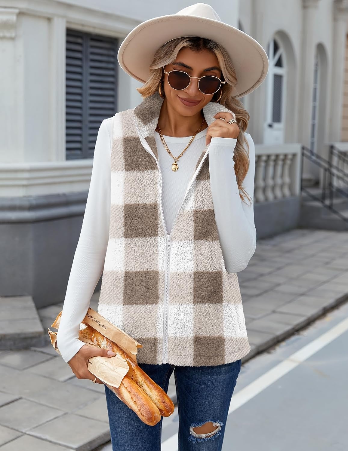 image:imageZeagoo Vest For Women Sleeveless Sherpa Fleece Jackets Zip Up Fall CoatsKhaki White Plaid
