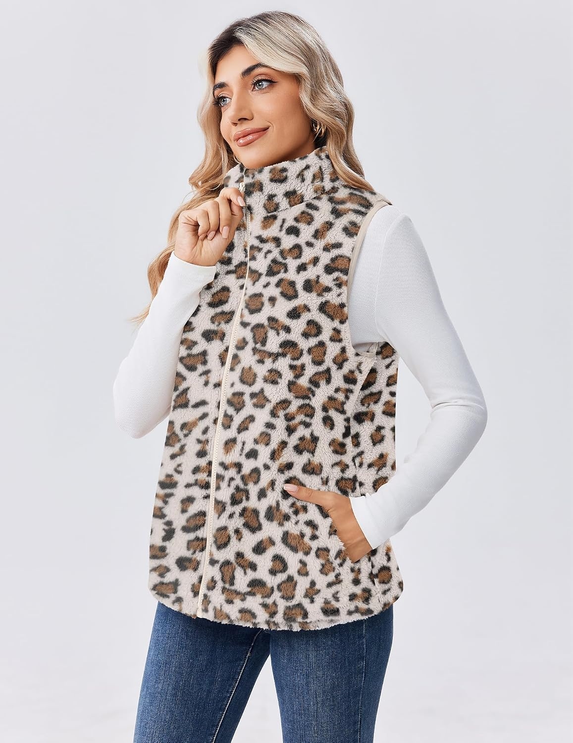 image:imageZeagoo Vest For Women Sleeveless Sherpa Fleece Jackets Zip Up Fall CoatsLeopard