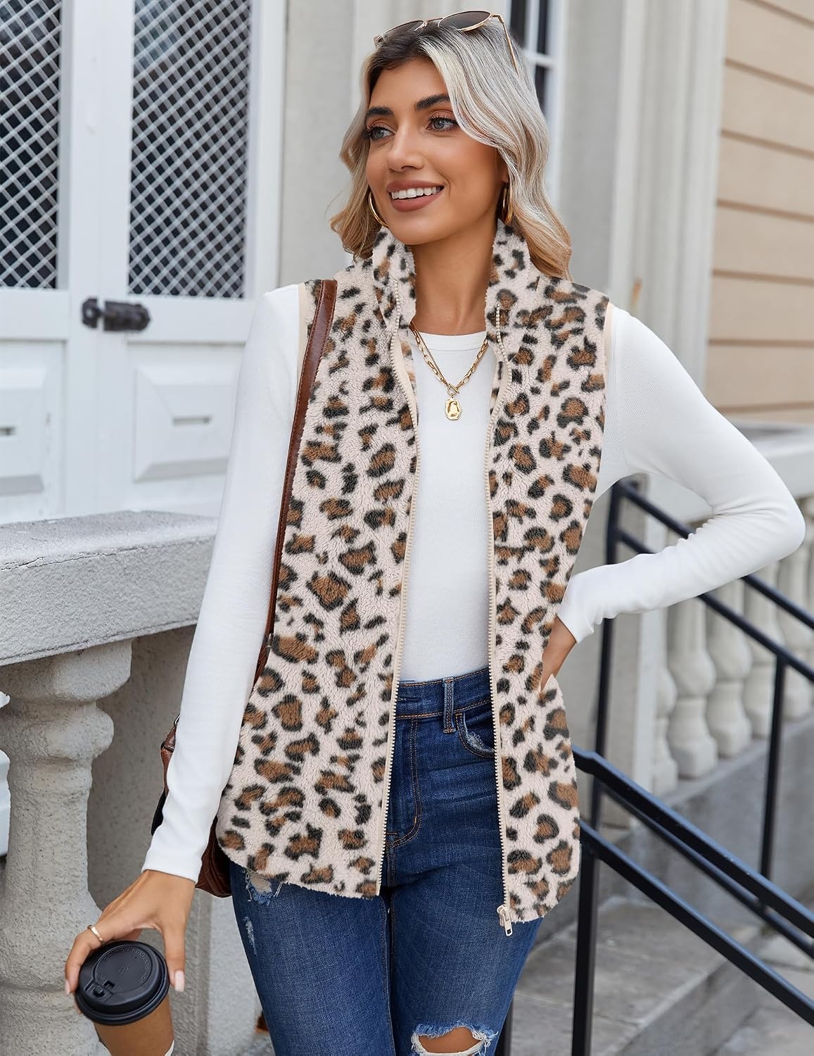 image:imageZeagoo Vest For Women Sleeveless Sherpa Fleece Jackets Zip Up Fall CoatsLeopard