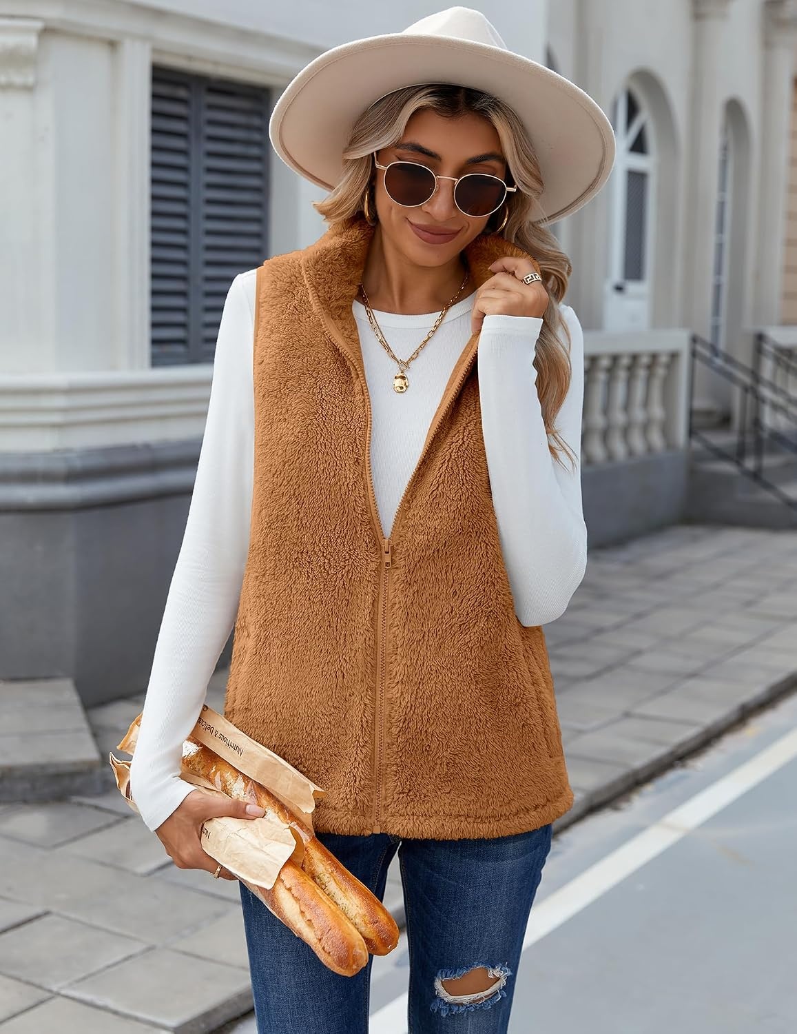 image:imageZeagoo Vest For Women Sleeveless Sherpa Fleece Jackets Zip Up Fall CoatsLight Brown