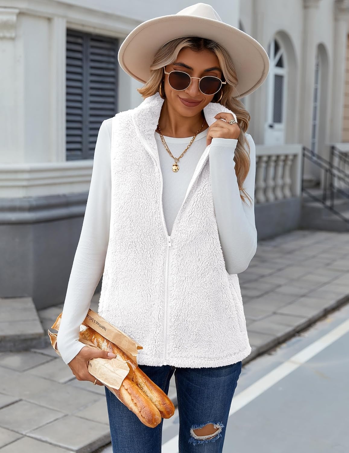 image:imageZeagoo Vest For Women Sleeveless Sherpa Fleece Jackets Zip Up Fall CoatsWhite