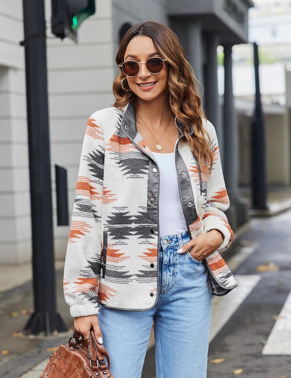 image:imageZeagoo Women Fleece Jacket Western Aztec Print Snap Button Down OuterwearApricot