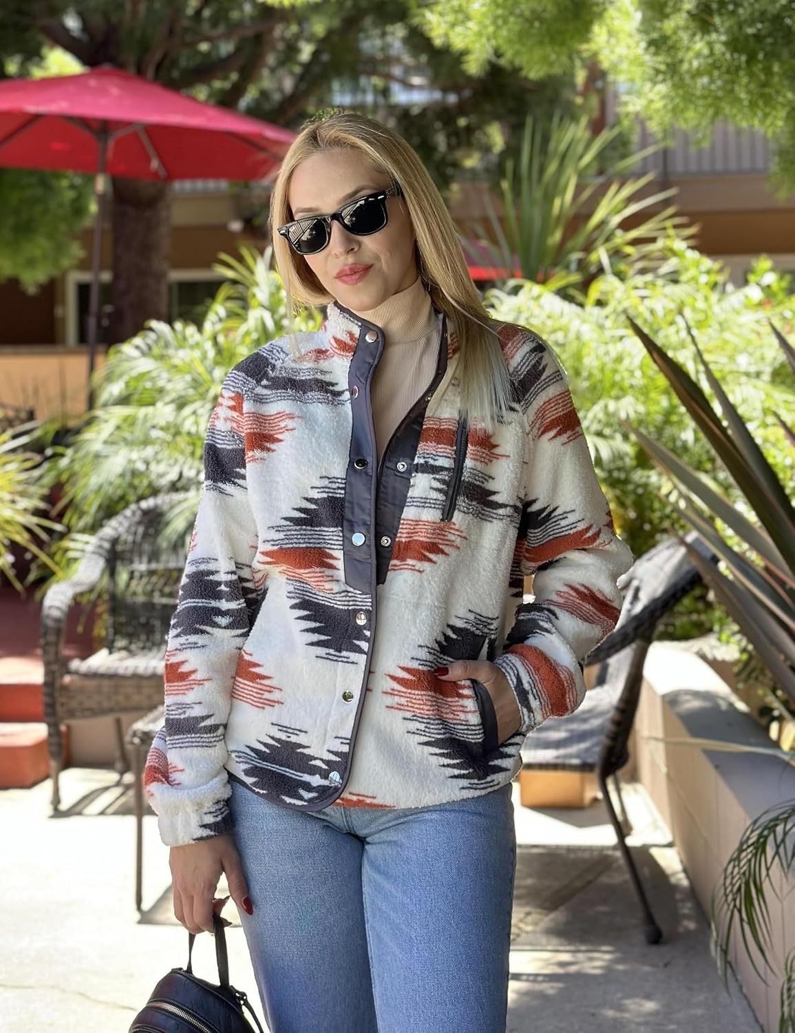 image:imageZeagoo Women Fleece Jacket Western Aztec Print Snap Button Down OuterwearApricot