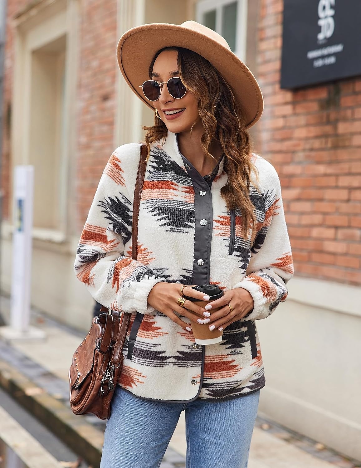 image:imageZeagoo Women Fleece Jacket Western Aztec Print Snap Button Down OuterwearApricot
