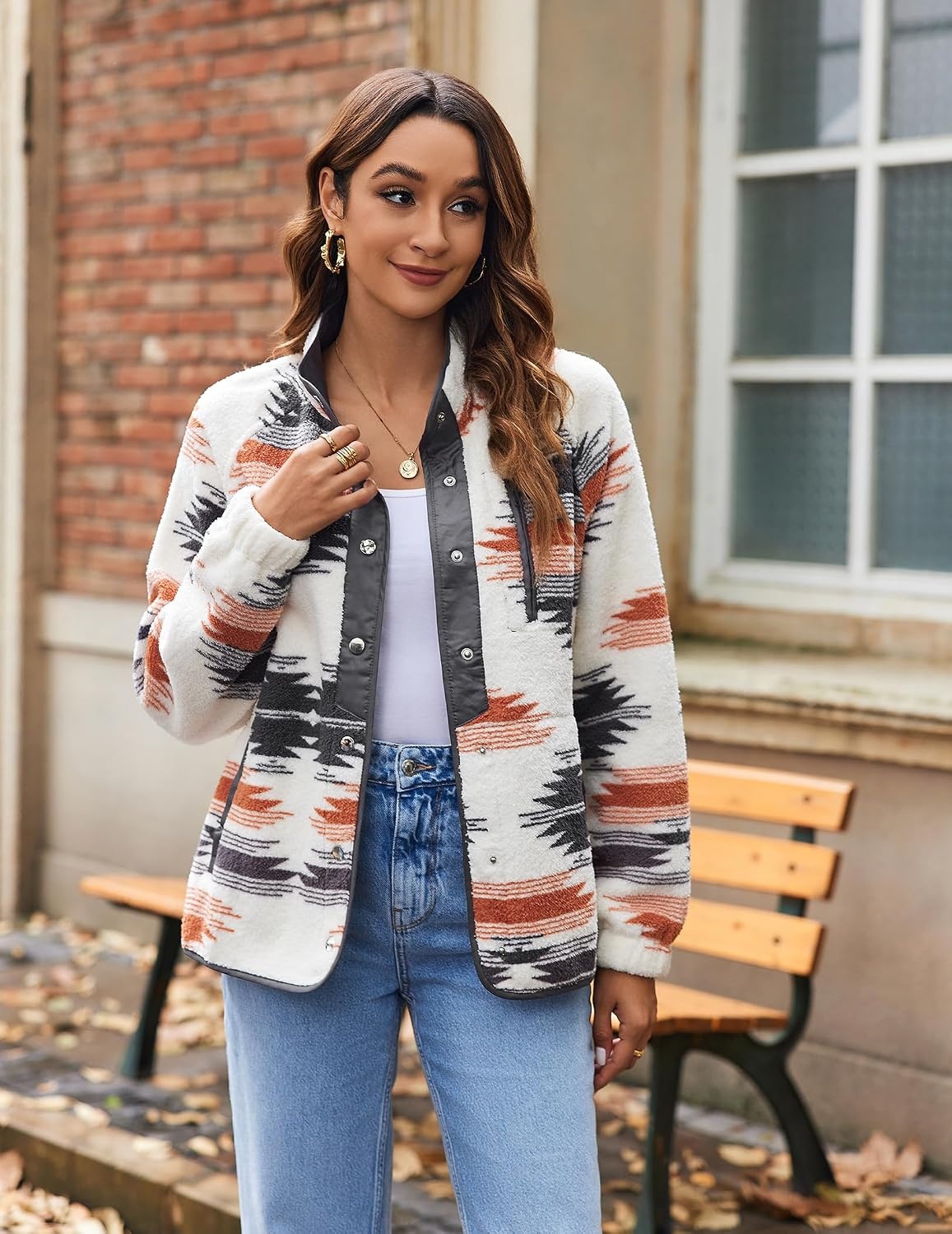 image:imageZeagoo Women Fleece Jacket Western Aztec Print Snap Button Down OuterwearApricot