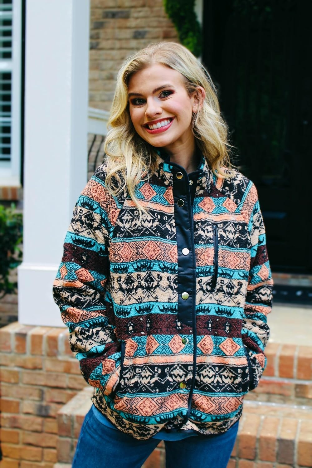 image:imageZeagoo Women Fleece Jacket Western Aztec Print Snap Button Down OuterwearBlack