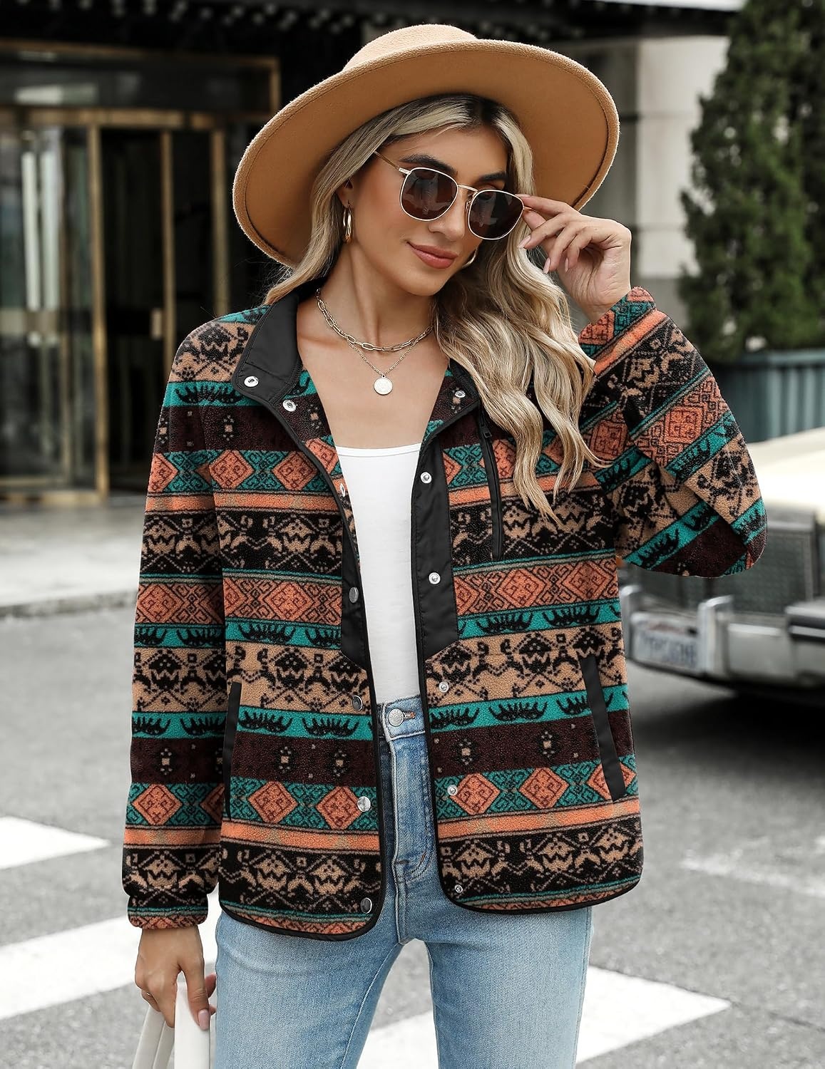 image:imageZeagoo Women Fleece Jacket Western Aztec Print Snap Button Down OuterwearBlack