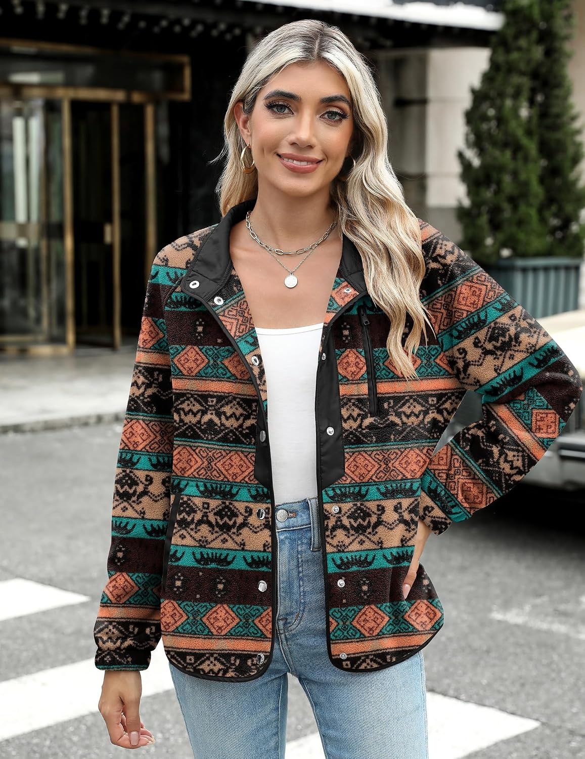 image:imageZeagoo Women Fleece Jacket Western Aztec Print Snap Button Down OuterwearBlack